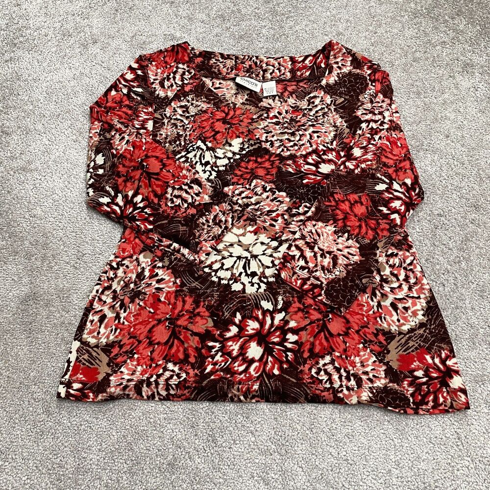 Chico's Tunic Blouse Womens 2 Large Multicolor Floral Long Sleeve Stretch Casual
